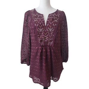 One September MEDIUM Boho Sheer Long Sleeve Lined Blouse in Wine, Metallic accen